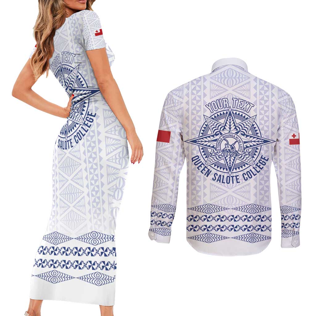 Queen Salote College 100 Years Anniversary Personalized Couples Matching Short Sleeve Bodycon Dress and Long Sleeve Button Shirt Tonga QSC White - Polynesian Pride