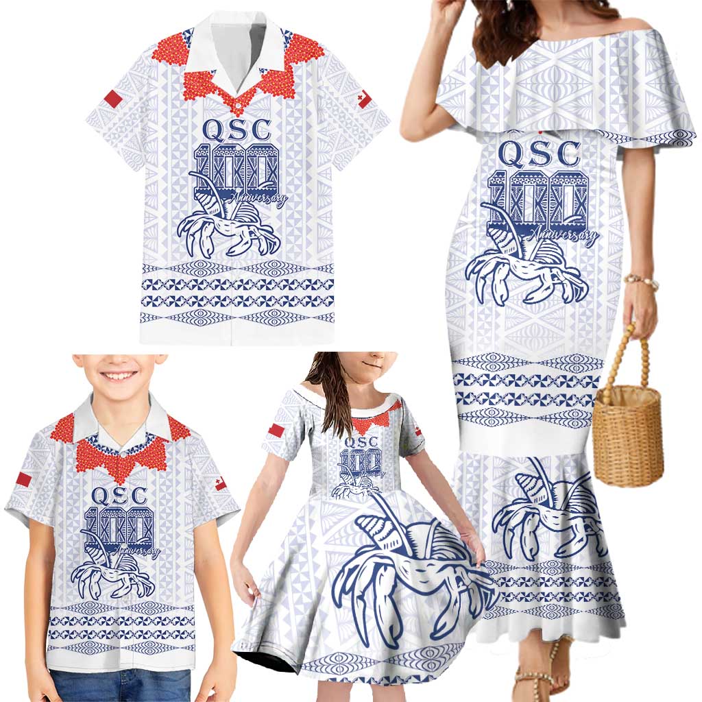 Queen Salote College 100 Years Anniversary Personalized Family Matching Mermaid Dress and Hawaiian Shirt Tonga QSC White - Polynesian Pride