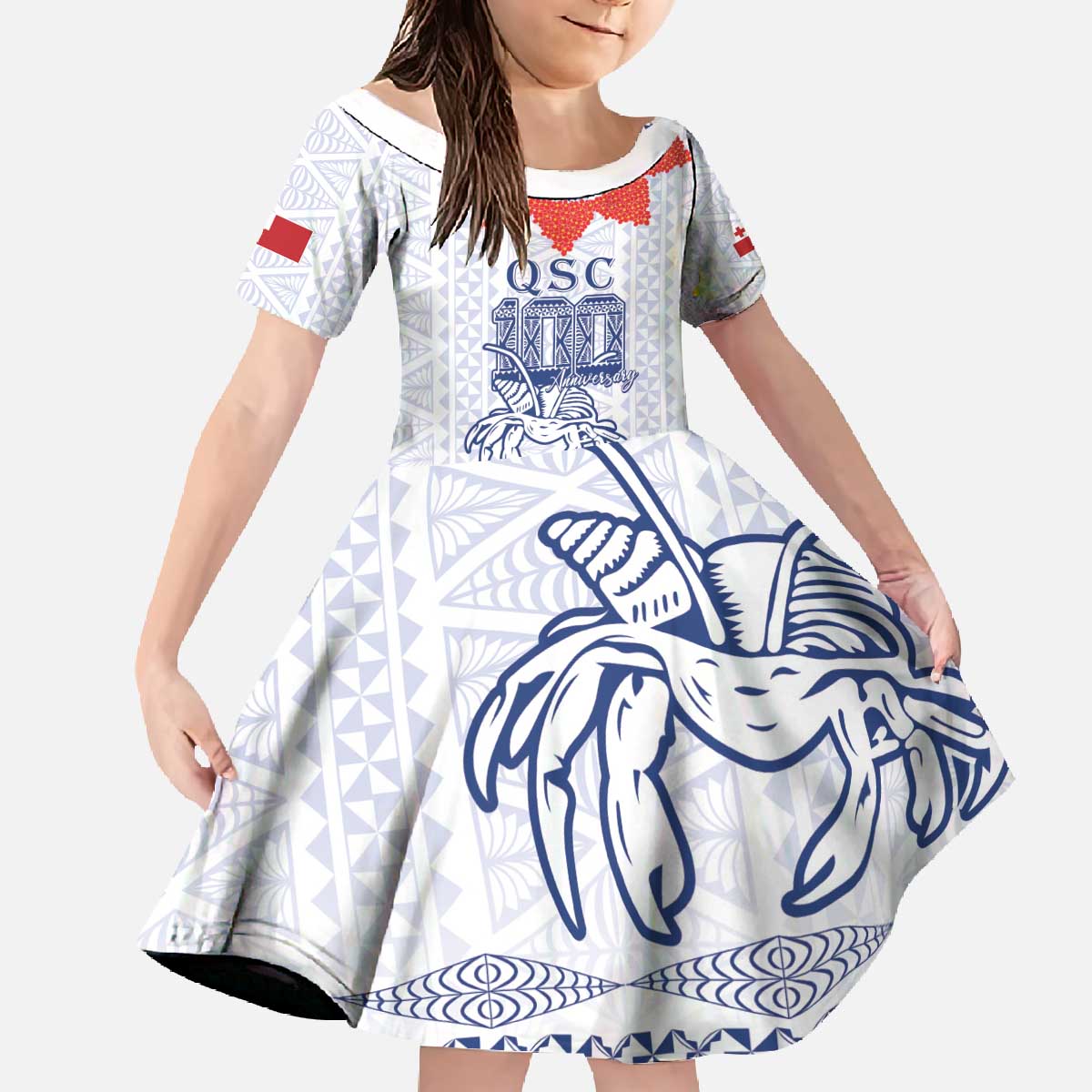 Queen Salote College 100 Years Anniversary Personalized Family Matching Off The Shoulder Long Sleeve Dress and Hawaiian Shirt Tonga QSC White - Polynesian Pride