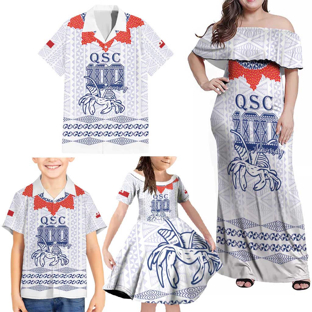Queen Salote College 100 Years Anniversary Personalized Family Matching Off Shoulder Maxi Dress and Hawaiian Shirt Tonga QSC White - Polynesian Pride
