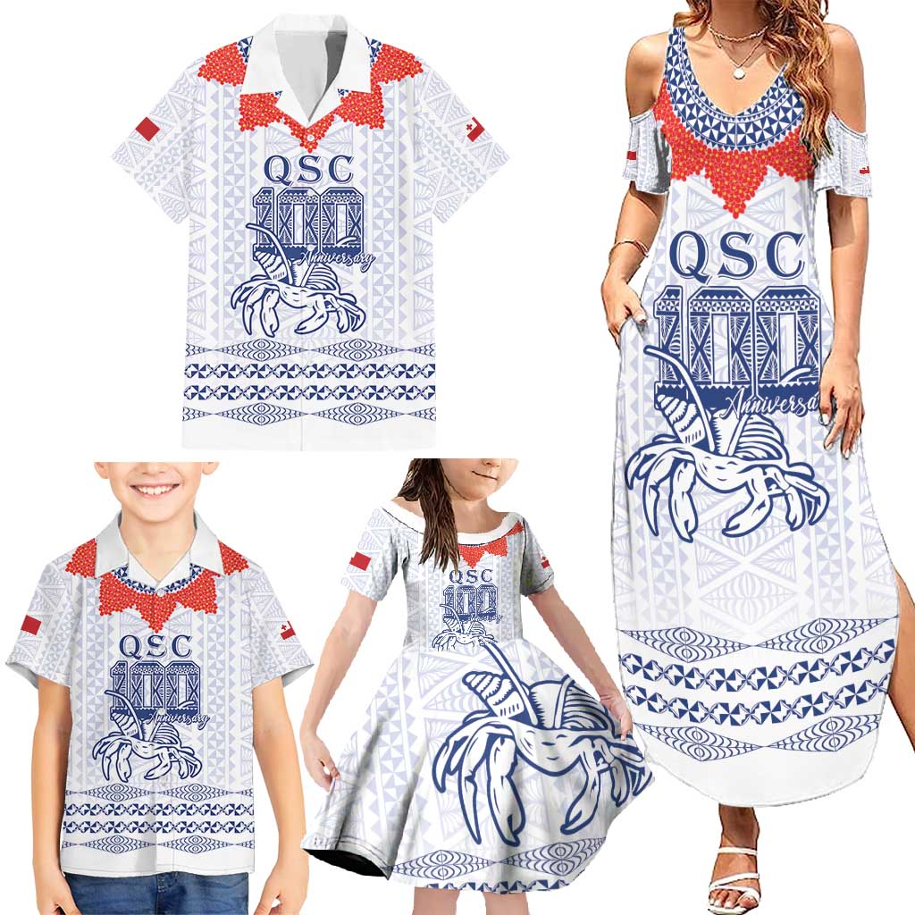 Queen Salote College 100 Years Anniversary Personalized Family Matching Summer Maxi Dress and Hawaiian Shirt Tonga QSC White - Polynesian Pride