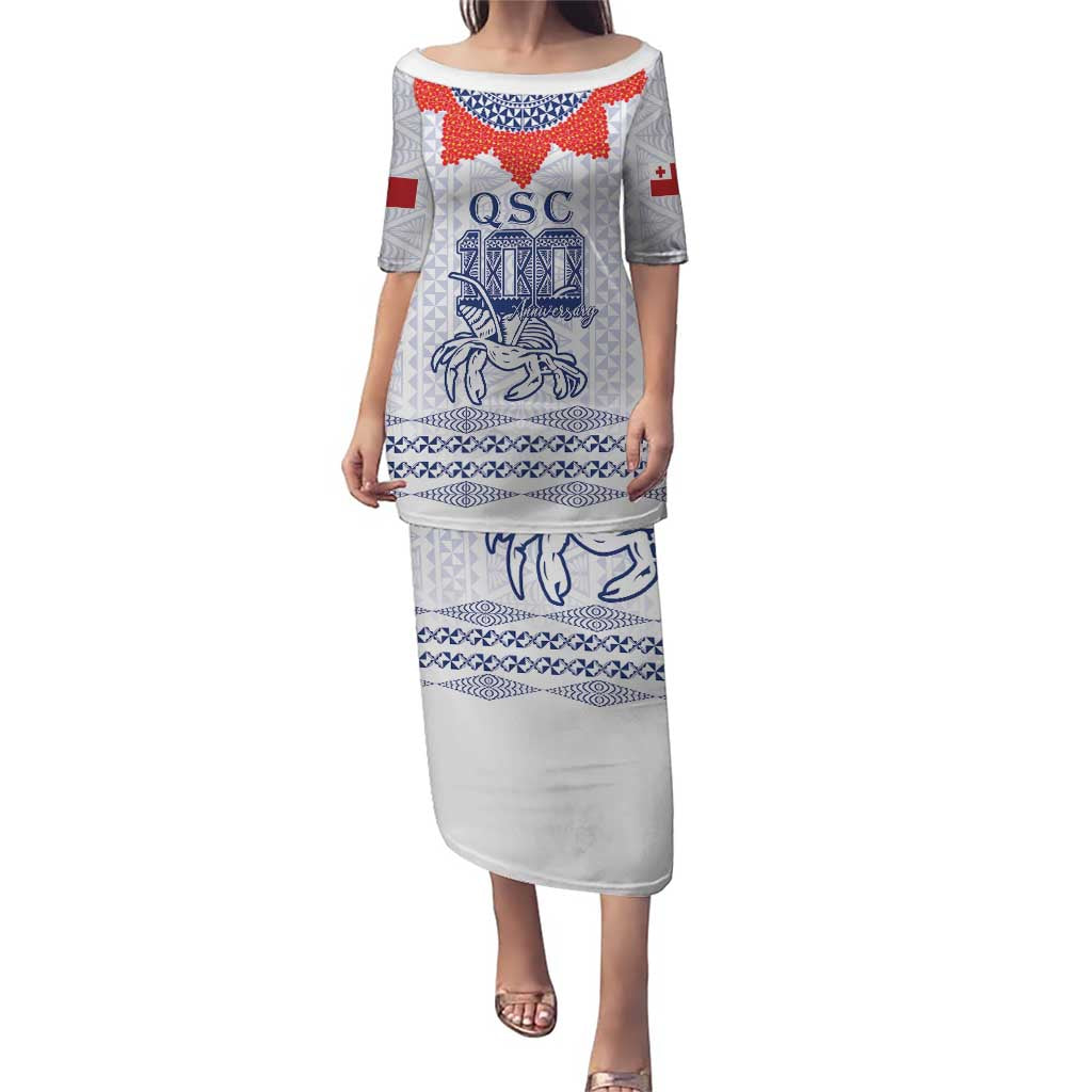 Queen Salote College 100 Years Anniversary Personalized Puletasi Tonga QSC White - Polynesian Pride
