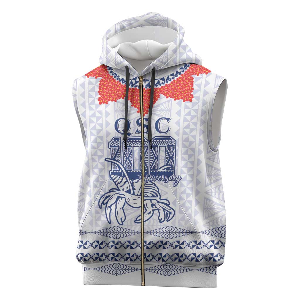 Queen Salote College 100 Years Anniversary Personalized Sleeveless Zip Hoodie Tonga QSC White - Polynesian Pride