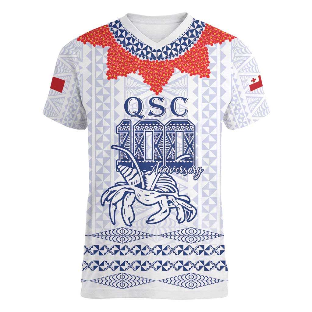 Queen Salote College 100 Years Anniversary Personalized Women V-Neck T-Shirt Tonga QSC White - Polynesian Pride