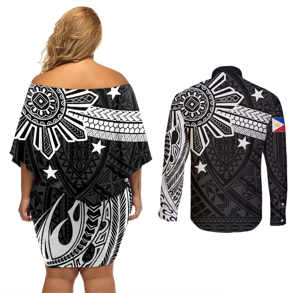 Personalised Philippines Couples Matching Off Shoulder Short Dress and Long Sleeve Button Shirt Tribal Sun LT7 - Polynesian Pride