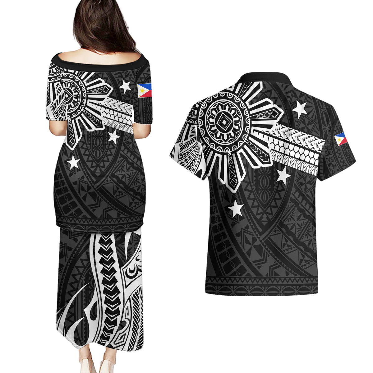 Personalised Philippines Couples Matching Puletasi Dress and Hawaiian Shirt Tribal Sun LT7 - Polynesian Pride