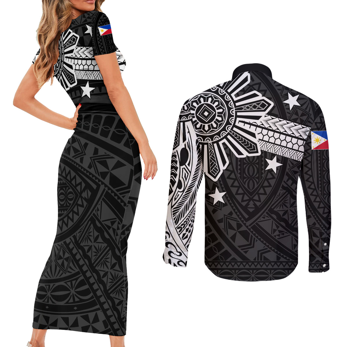 Personalised Philippines Couples Matching Short Sleeve Bodycon Dress and Long Sleeve Button Shirt Tribal Sun LT7 - Polynesian Pride
