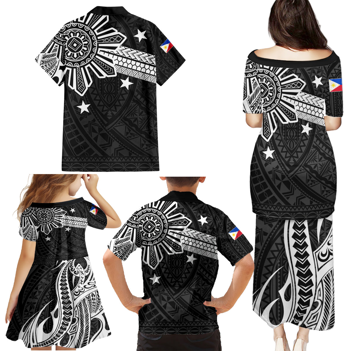 Personalised Philippines Family Matching Puletasi Dress and Hawaiian Shirt Tribal Sun LT7 - Polynesian Pride