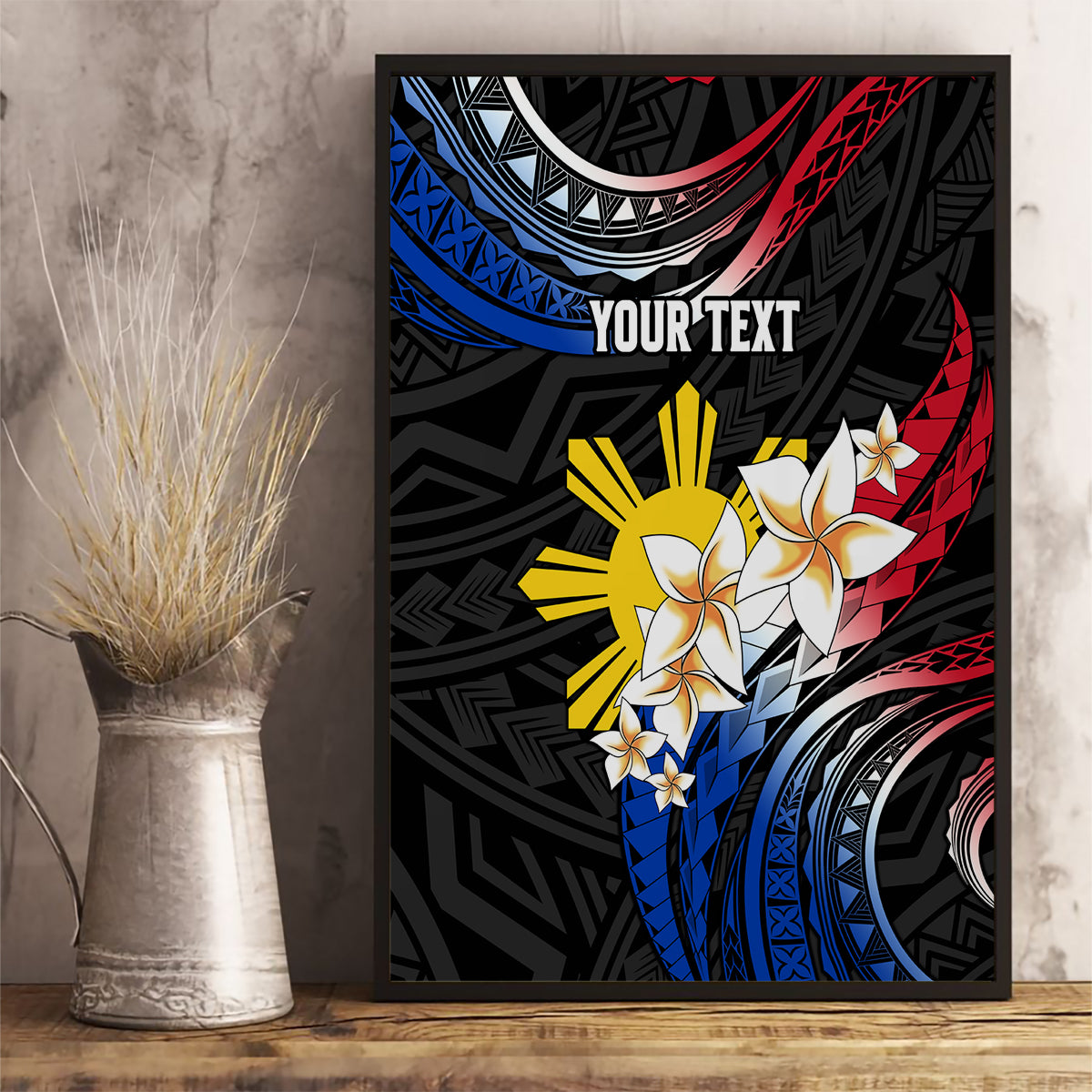 Personalised Philippines Tribal Canvas Wall Art Mix Plumeria - Flag Colors LT7 - Polynesian Pride
