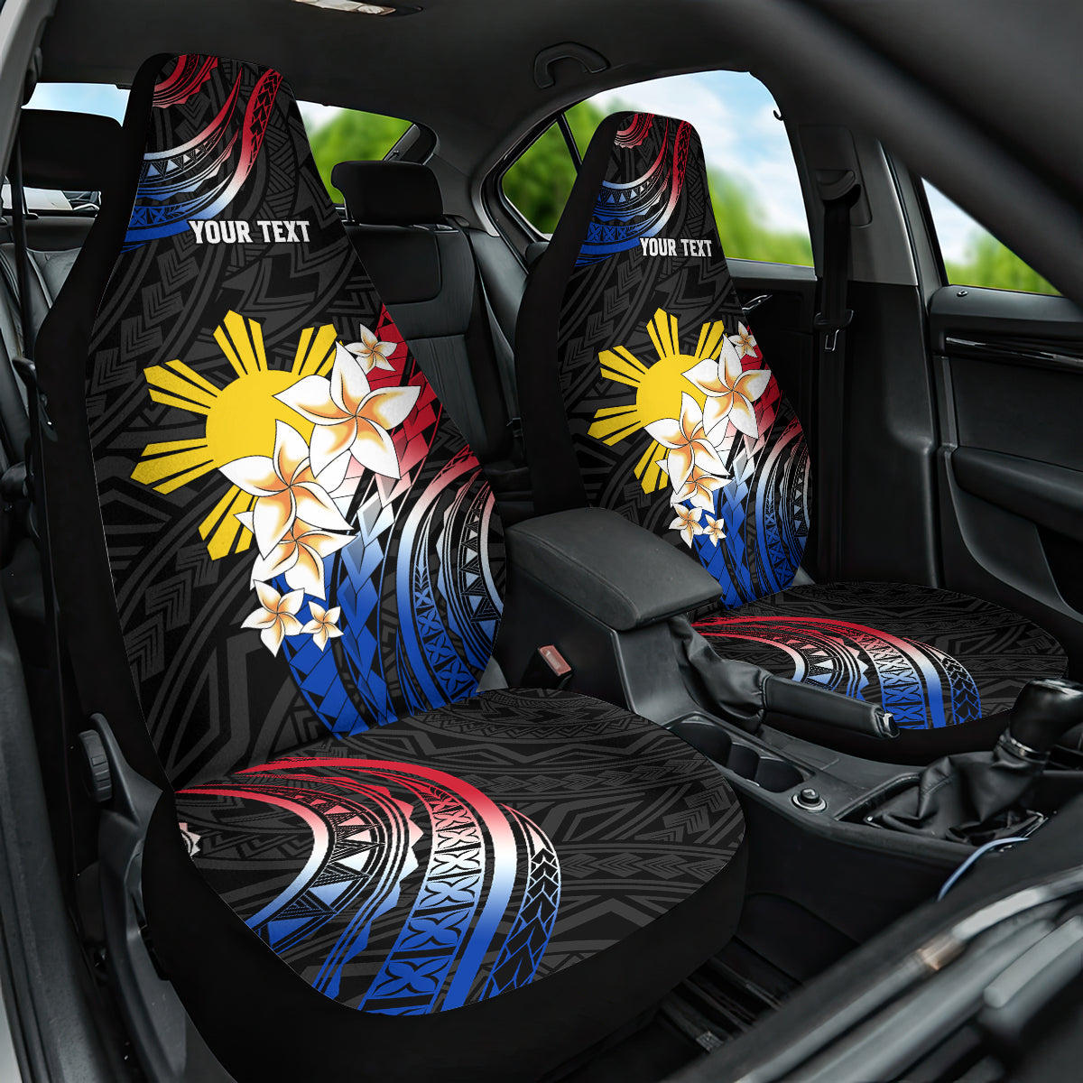 Personalised Philippines Tribal Car Seat Cover Mix Plumeria - Flag Colors LT7 One Size Black - Polynesian Pride