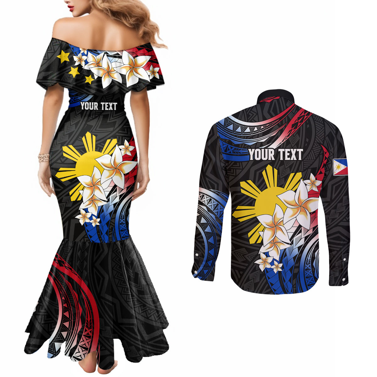 Personalised Philippines Tribal Couples Matching Mermaid Dress and Long Sleeve Button Shirt Mix Plumeria - Flag Colors LT7 - Polynesian Pride
