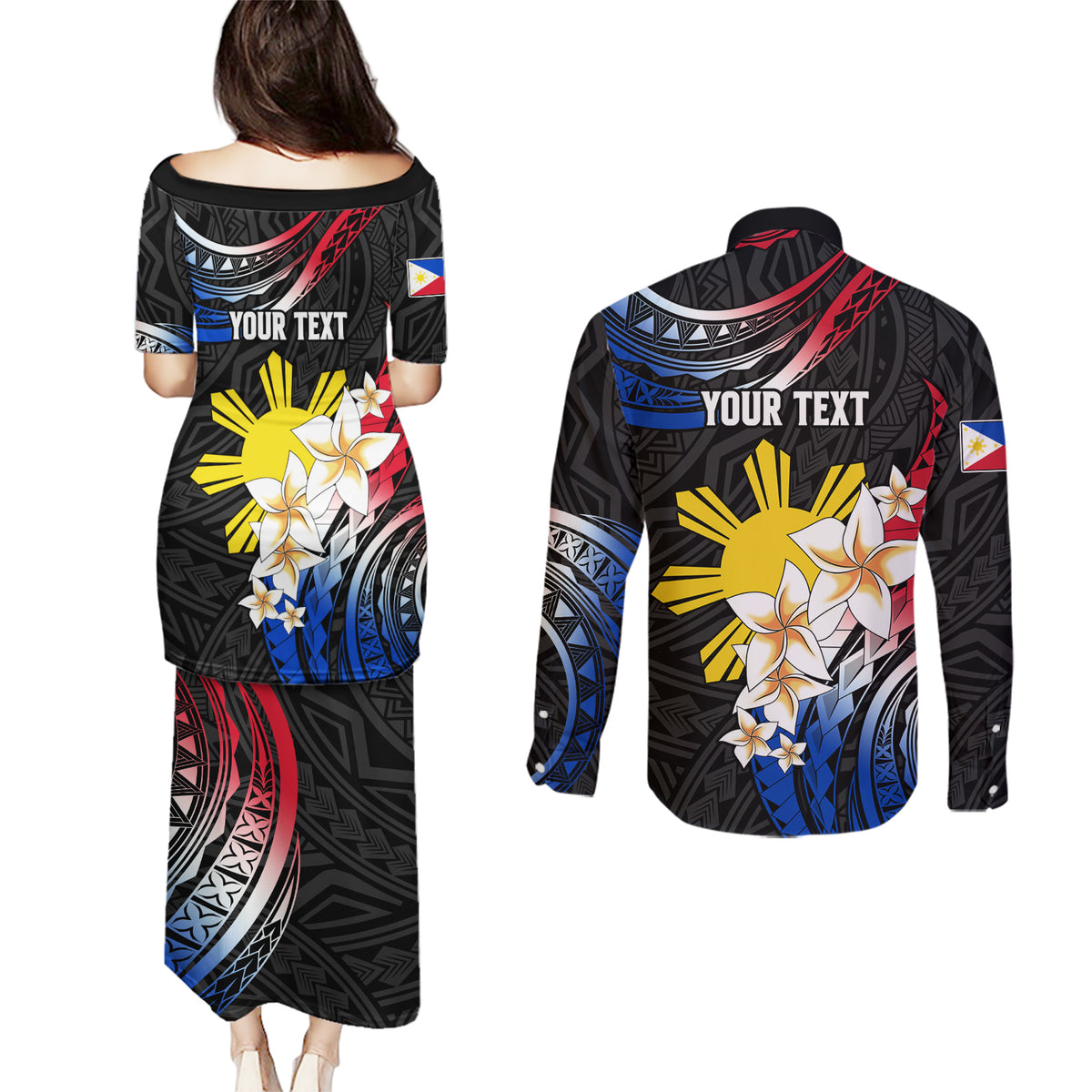 Personalised Philippines Tribal Couples Matching Puletasi Dress and Long Sleeve Button Shirt Mix Plumeria - Flag Colors LT7 - Polynesian Pride