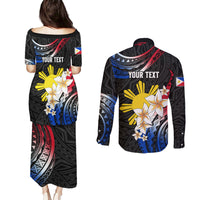Personalised Philippines Tribal Couples Matching Puletasi Dress and Long Sleeve Button Shirt Mix Plumeria - Flag Colors LT7 - Polynesian Pride