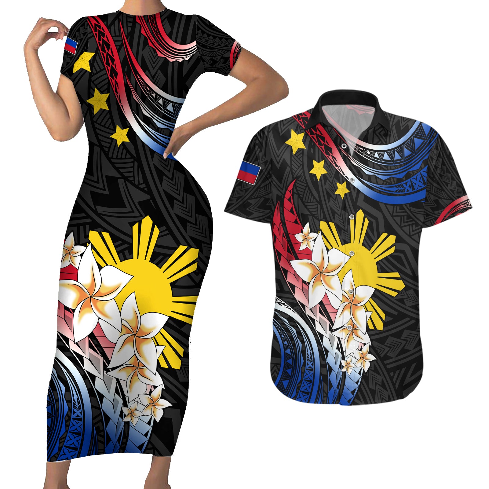 Personalised Philippines Tribal Couples Matching Short Sleeve Bodycon Dress and Hawaiian Shirt Mix Plumeria - Flag Colors LT7 Black - Polynesian Pride