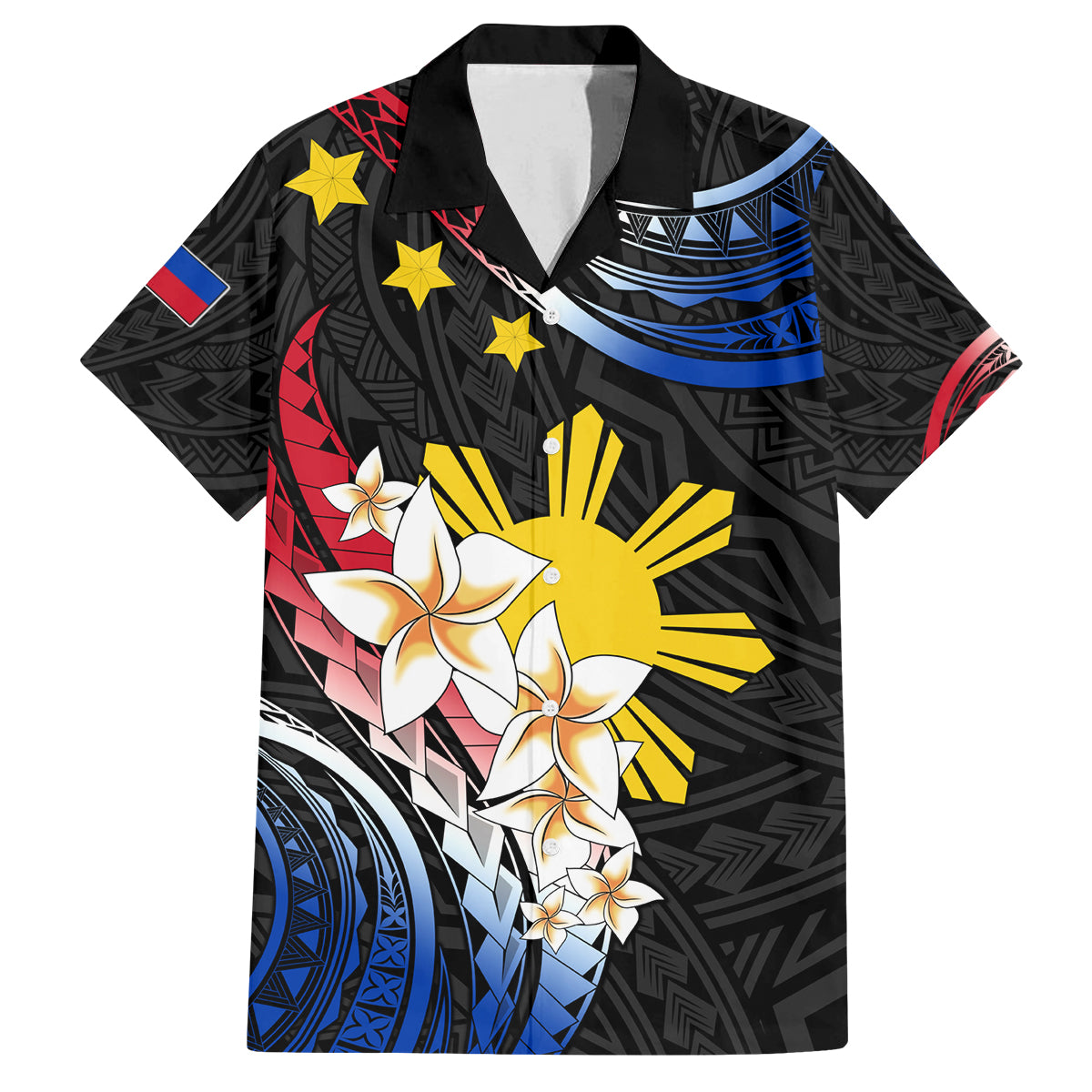 Personalised Philippines Tribal Family Matching Summer Maxi Dress and Hawaiian Shirt Mix Plumeria - Flag Colors LT7 Dad's Shirt - Short Sleeve Black - Polynesian Pride