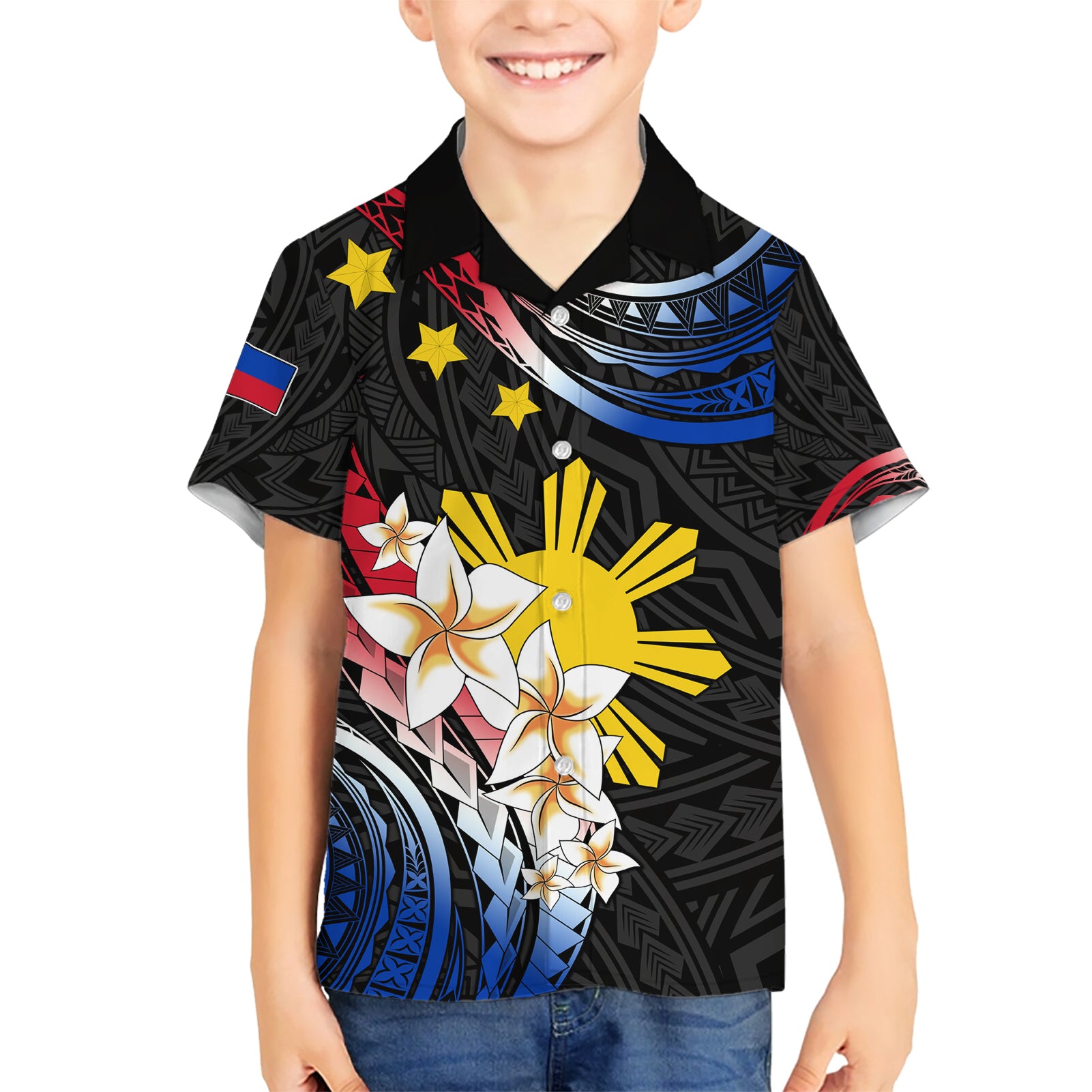 Personalised Philippines Tribal Kid Hawaiian Shirt Mix Plumeria - Flag Colors LT7 Kid Black - Polynesian Pride