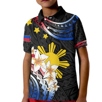 Personalised Philippines Tribal Kid Polo Shirt Mix Plumeria - Flag Colors LT7 Kid Black - Polynesian Pride