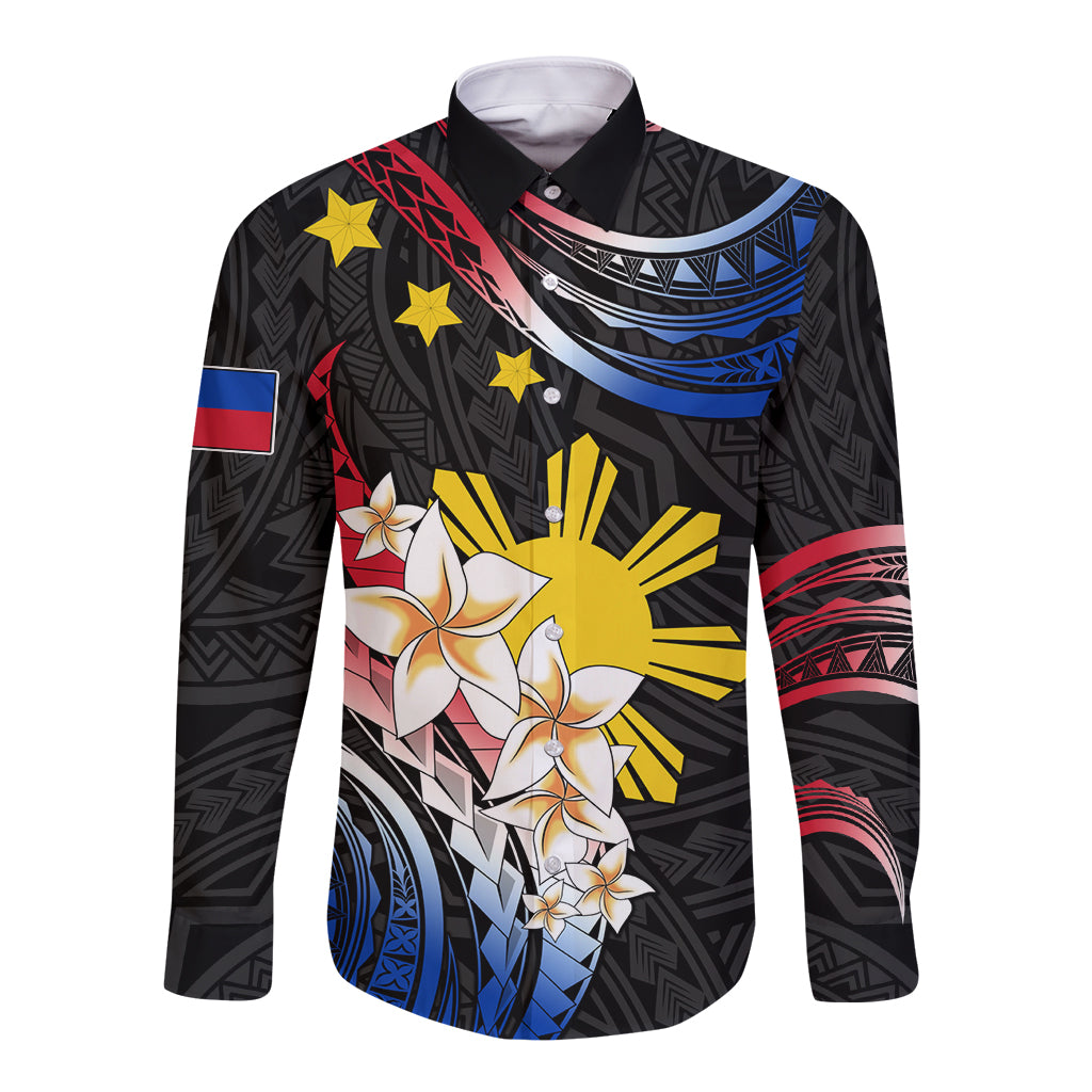 Personalised Philippines Tribal Long Sleeve Button Shirt Mix Plumeria - Flag Colors LT7 Unisex Black - Polynesian Pride