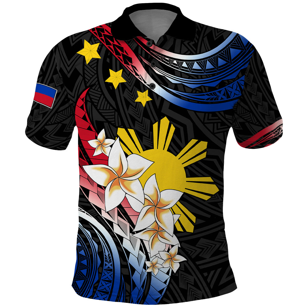 Personalised Philippines Tribal Polo Shirt Mix Plumeria - Flag Colors LT7 Black - Polynesian Pride