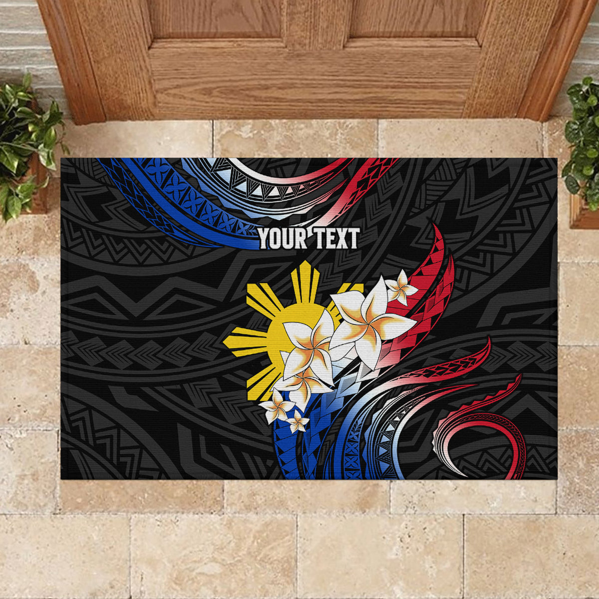Personalised Philippines Tribal Rubber Doormat Mix Plumeria - Flag Colors LT7 - Polynesian Pride