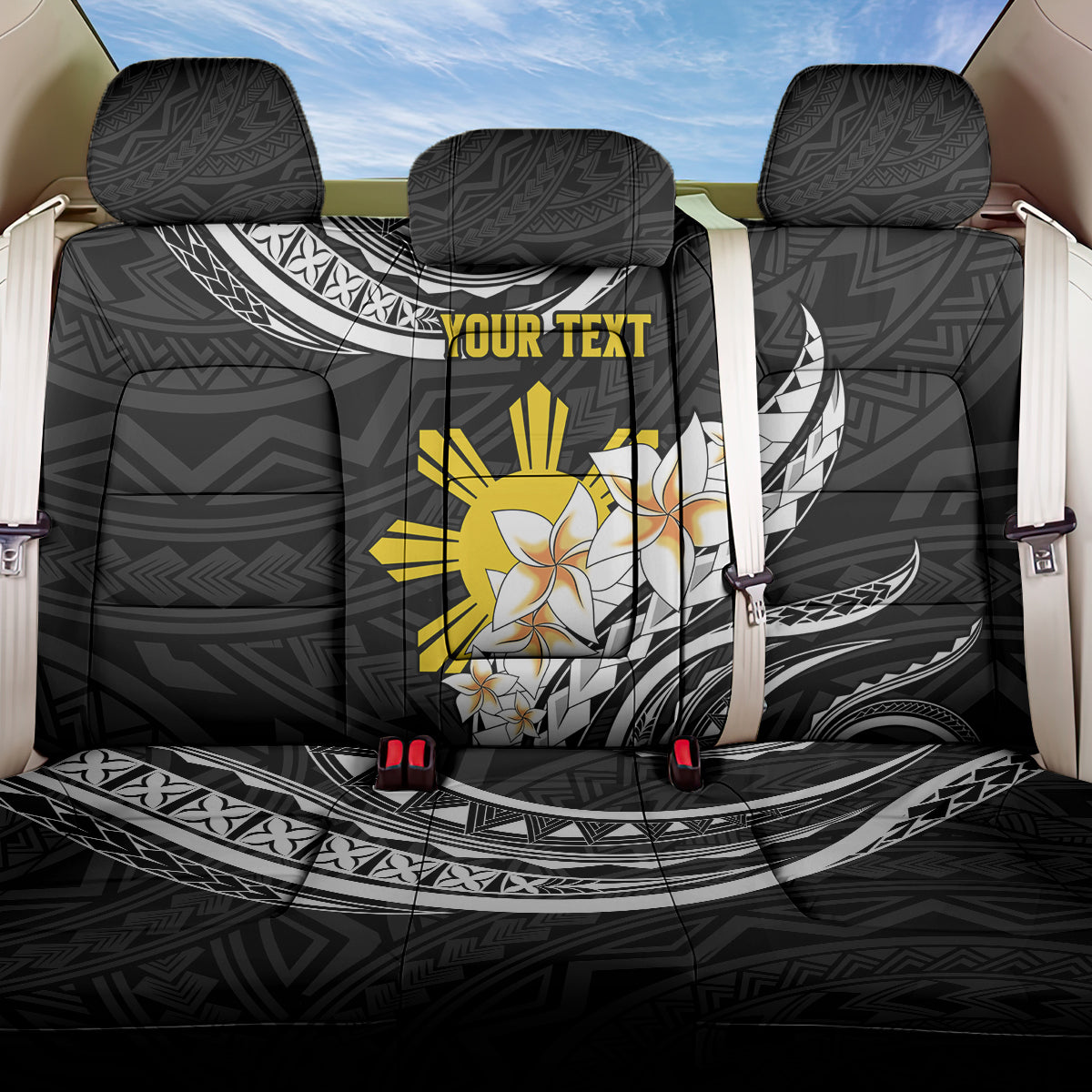 Personalised Philippines Tribal Back Car Seat Cover Mix Plumeria LT7 One Size Black - Polynesian Pride