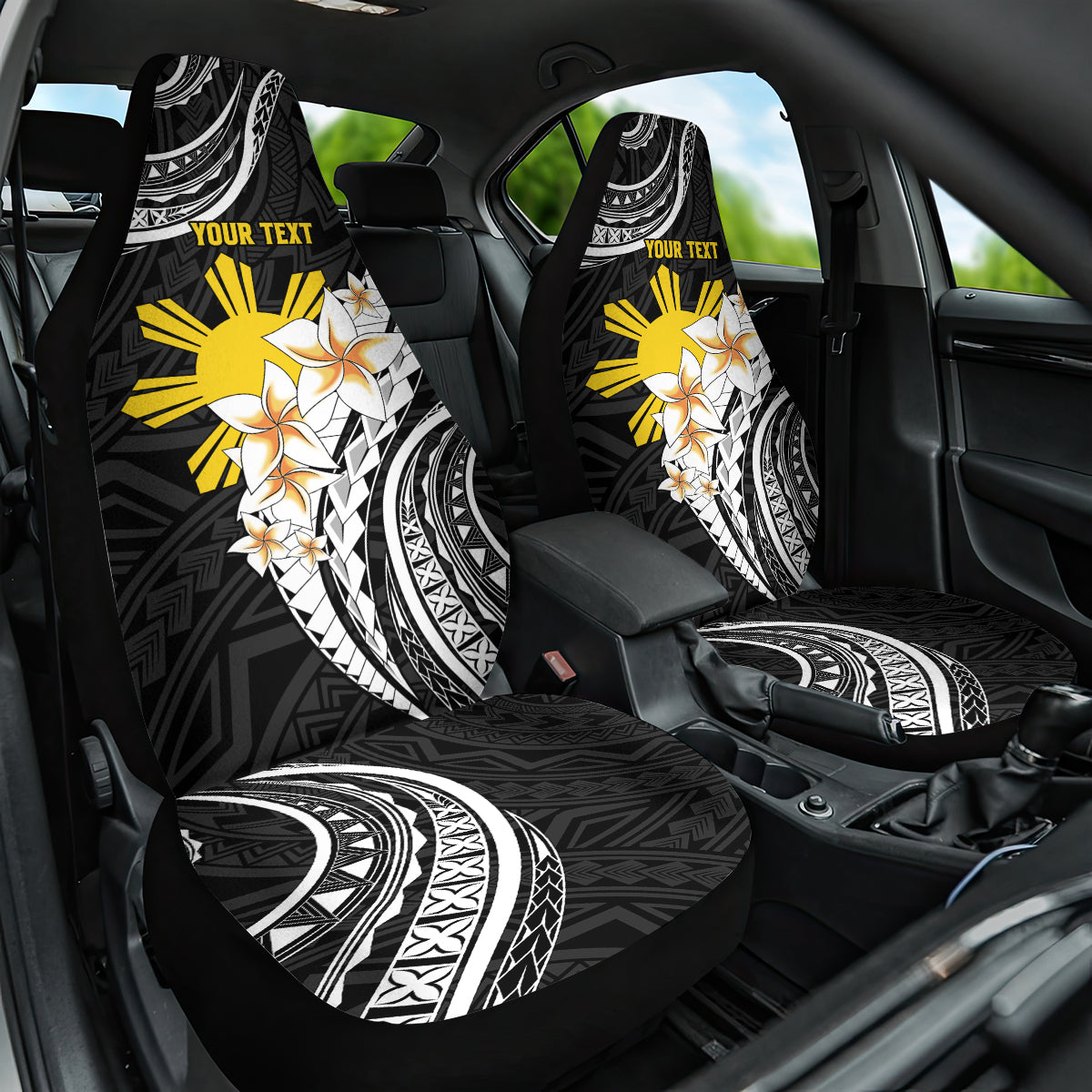 Personalised Philippines Tribal Car Seat Cover Mix Plumeria LT7 One Size Black - Polynesian Pride