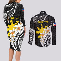 Personalised Philippines Tribal Couples Matching Long Sleeve Bodycon Dress and Long Sleeve Button Shirt Mix Plumeria LT7 - Polynesian Pride