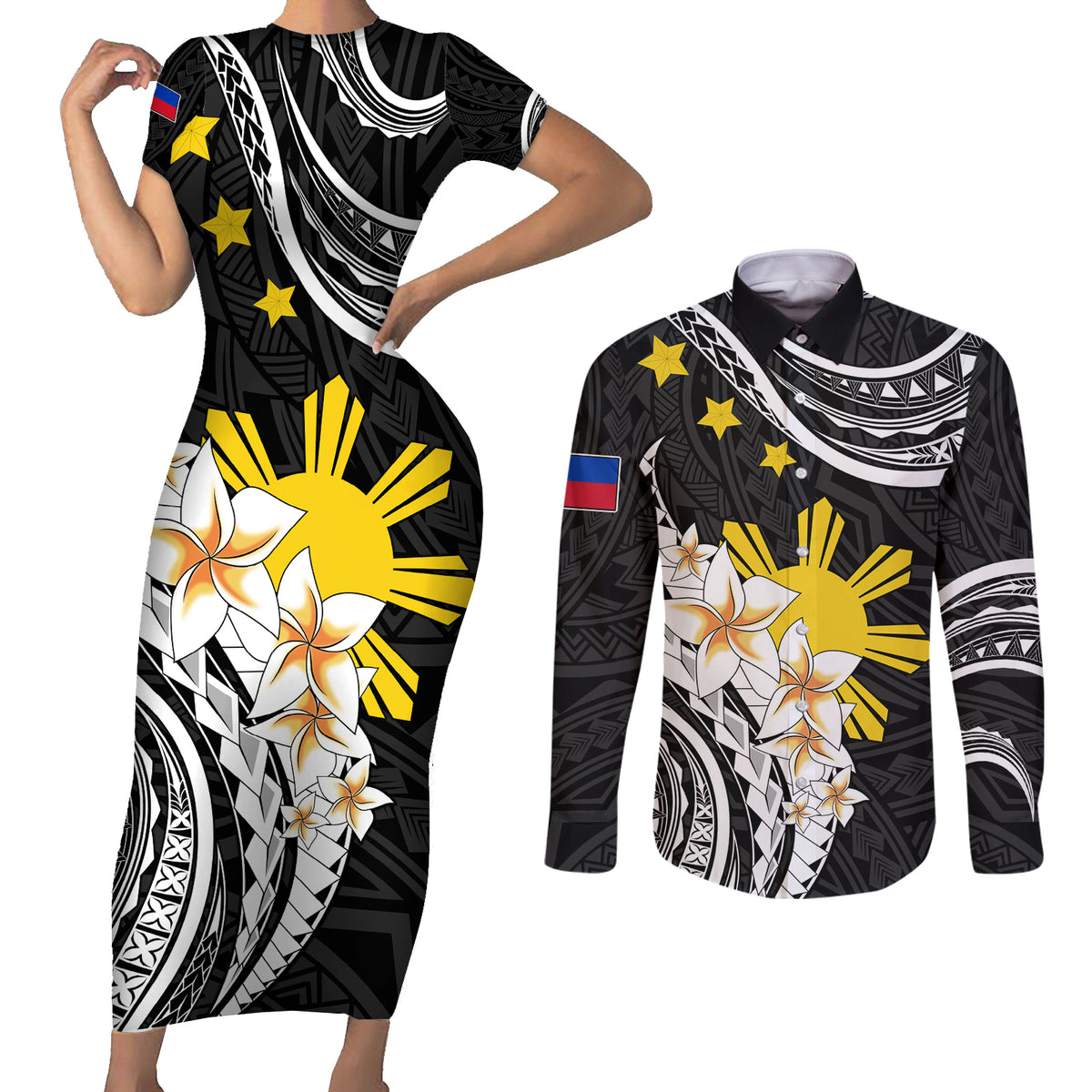 Personalised Philippines Tribal Couples Matching Short Sleeve Bodycon Dress and Long Sleeve Button Shirt Mix Plumeria LT7 Black - Polynesian Pride