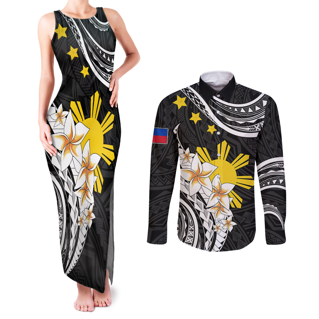 Personalised Philippines Tribal Couples Matching Tank Maxi Dress and Long Sleeve Button Shirt Mix Plumeria LT7 Black - Polynesian Pride