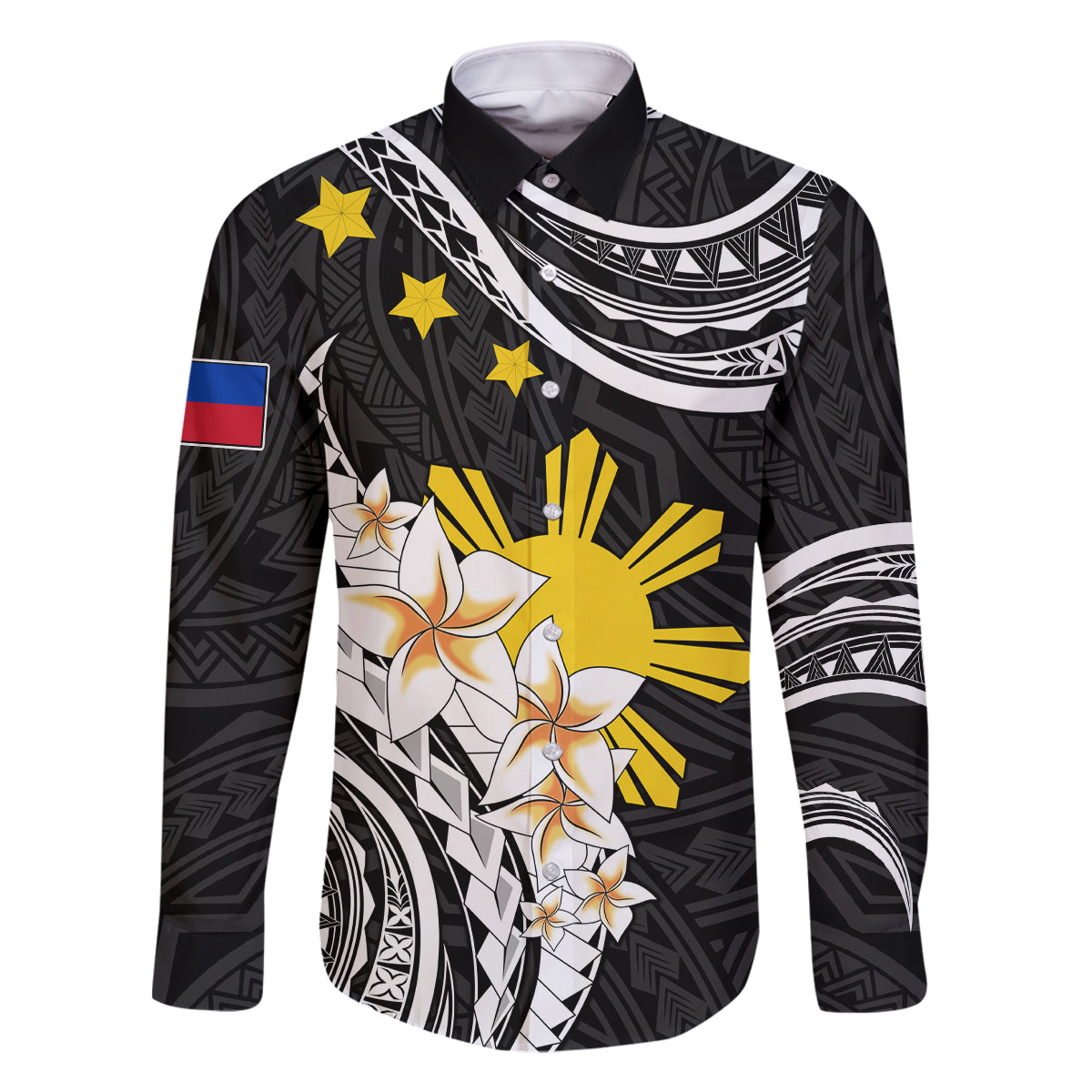 Personalised Philippines Tribal Family Matching Off Shoulder Long Sleeve Dress and Hawaiian Shirt Mix Plumeria LT7 Dad's Shirt - Long Sleeve Black - Polynesian Pride