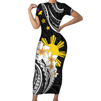 Personalised Philippines Tribal Family Matching Short Sleeve Bodycon Dress and Hawaiian Shirt Mix Plumeria LT7 Mom's Dress Black - Polynesian Pride