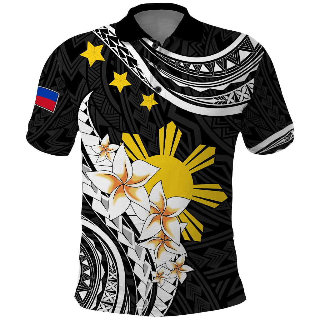 Personalised Philippines Tribal Polo Shirt Mix Plumeria LT7 Black - Polynesian Pride