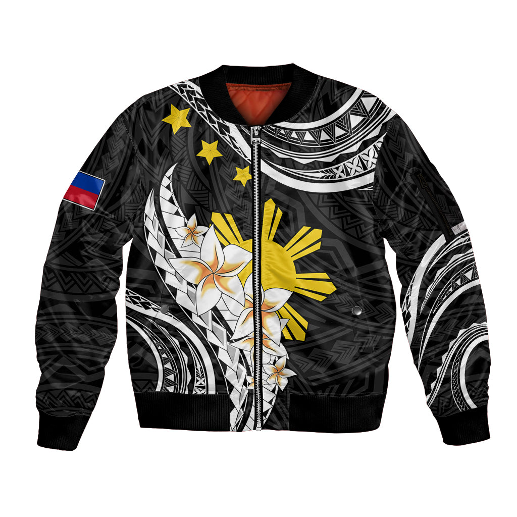 Personalised Philippines Tribal Sleeve Zip Bomber Jacket Mix Plumeria LT7 Unisex Black - Polynesian Pride