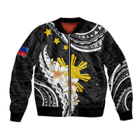 Personalised Philippines Tribal Sleeve Zip Bomber Jacket Mix Plumeria LT7 Unisex Black - Polynesian Pride