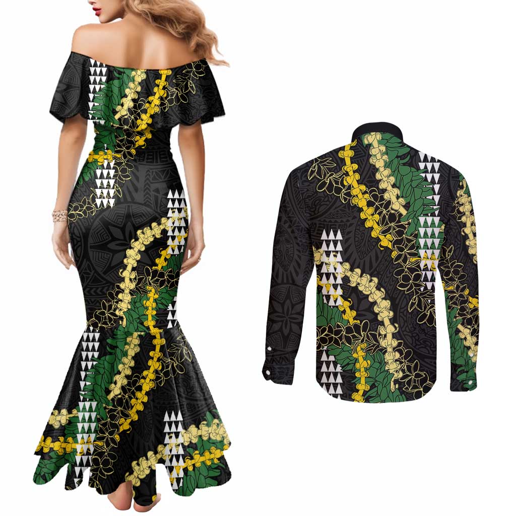 Hawaii Aloha Kakau Couples Matching Mermaid Dress and Long Sleeve Button Shirt Puakenikeni and Maile Lei Twist