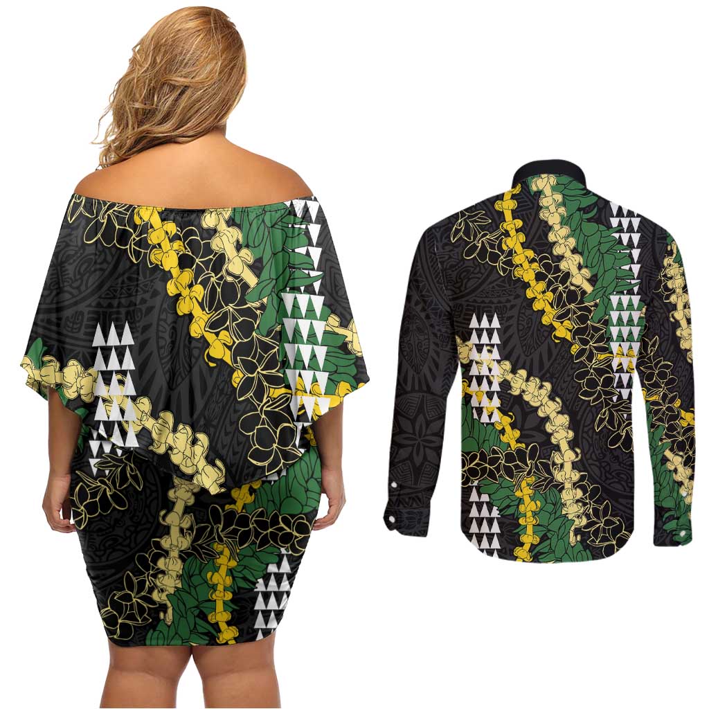 Hawaii Aloha Kakau Couples Matching Off Shoulder Short Dress and Long Sleeve Button Shirt Puakenikeni and Maile Lei Twist