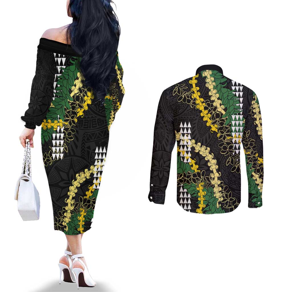 Hawaii Aloha Kakau Couples Matching Off The Shoulder Long Sleeve Dress and Long Sleeve Button Shirt Puakenikeni and Maile Lei Twist