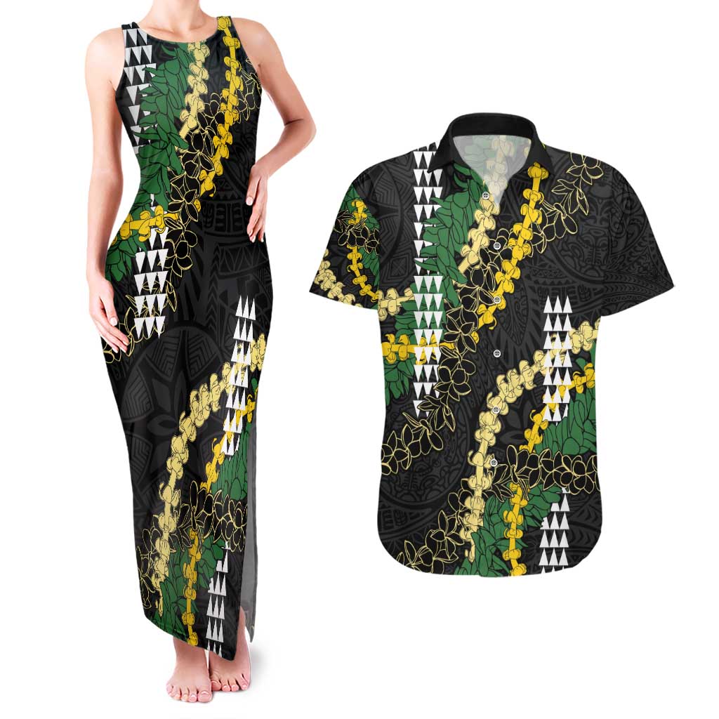 Hawaii Aloha Kakau Couples Matching Tank Maxi Dress and Hawaiian Shirt Puakenikeni and Maile Lei Twist