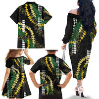 Hawaii Aloha Kakau Family Matching Off The Shoulder Long Sleeve Dress and Hawaiian Shirt Puakenikeni and Maile Lei Twist