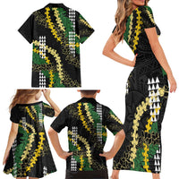 Hawaii Aloha Kakau Family Matching Short Sleeve Bodycon Dress and Hawaiian Shirt Puakenikeni and Maile Lei Twist