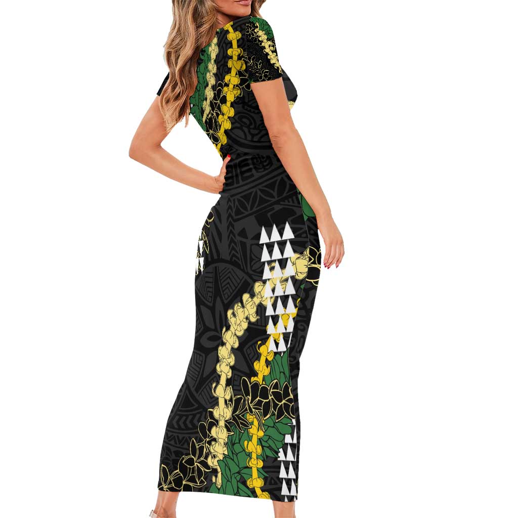 Hawaii Aloha Kakau Short Sleeve Bodycon Dress Puakenikeni and Maile Lei Twist