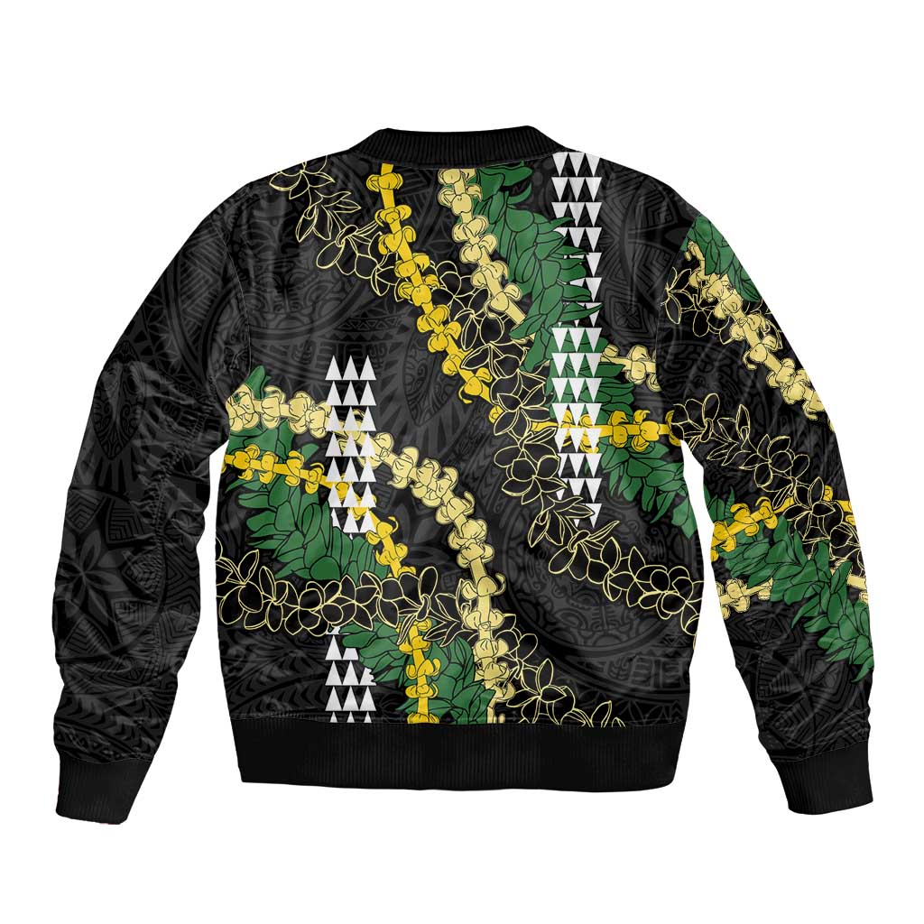 Hawaii Aloha Kakau Sleeve Zip Bomber Jacket Puakenikeni and Maile Lei Twist
