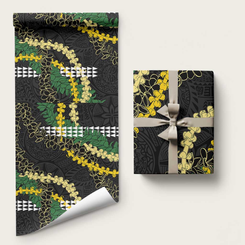 Hawaii Aloha Kakau Wrapping Paper Puakenikeni and Maile Lei Twist LT7 58" × 23" Black - Polynesian Pride