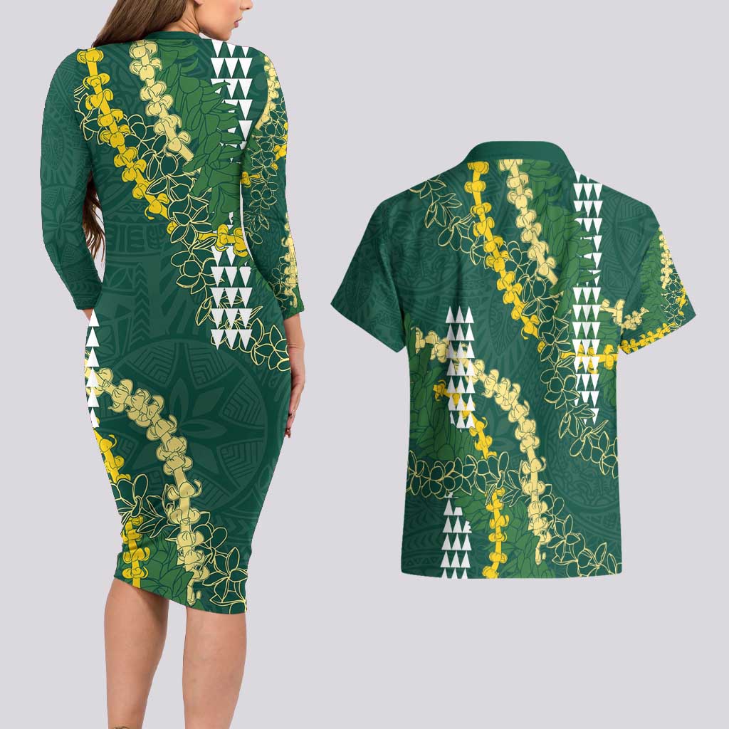 Hawaii Aloha Kakau Couples Matching Long Sleeve Bodycon Dress and Hawaiian Shirt Green Puakenikeni and Maile Lei Twist