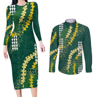 Hawaii Aloha Kakau Couples Matching Long Sleeve Bodycon Dress and Long Sleeve Button Shirt Green Puakenikeni and Maile Lei Twist