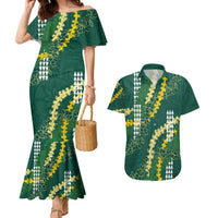 Hawaii Aloha Kakau Couples Matching Mermaid Dress and Hawaiian Shirt Green Puakenikeni and Maile Lei Twist