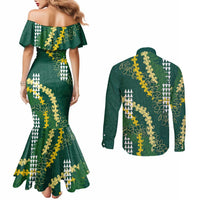 Hawaii Aloha Kakau Couples Matching Mermaid Dress and Long Sleeve Button Shirt Green Puakenikeni and Maile Lei Twist