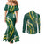 Hawaii Aloha Kakau Couples Matching Mermaid Dress and Long Sleeve Button Shirt Green Puakenikeni and Maile Lei Twist