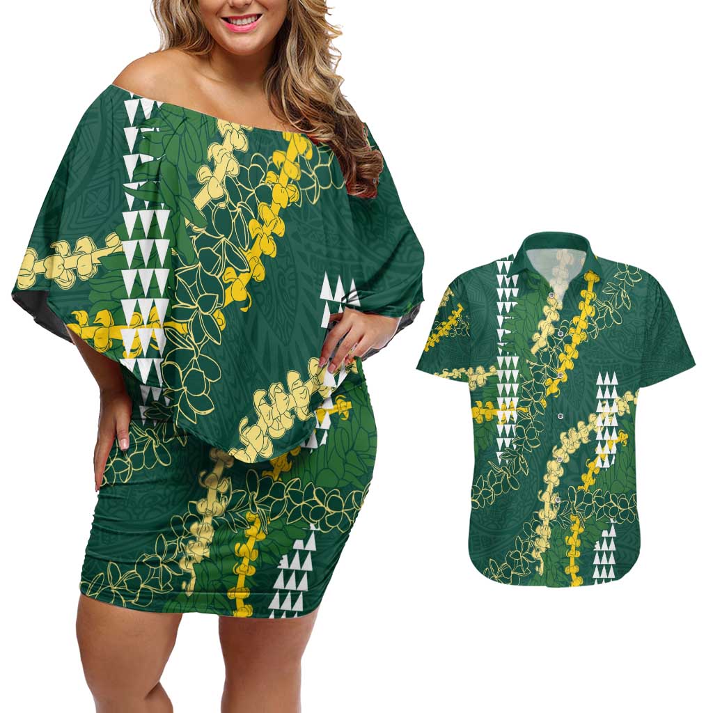 Hawaii Aloha Kakau Couples Matching Off Shoulder Short Dress and Hawaiian Shirt Green Puakenikeni and Maile Lei Twist