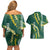 Hawaii Aloha Kakau Couples Matching Off Shoulder Short Dress and Hawaiian Shirt Green Puakenikeni and Maile Lei Twist